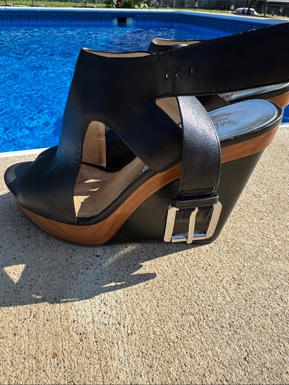 MICHAEL Michael Kors Black Leather Wedge Sandals with Wood-Tone Platform 4 1/2